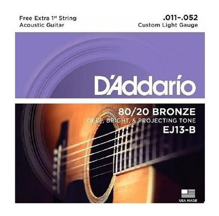 Encordoamento DAddario Violão aço 011 EJ13-B + (Mi) Extra