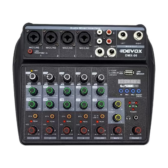 Mesa de som 6 canais Devox DMX-06 Bluetooth/USB
